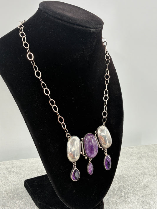 Amethyst Sterling Silver Statement Necklace - Fully Adjustable