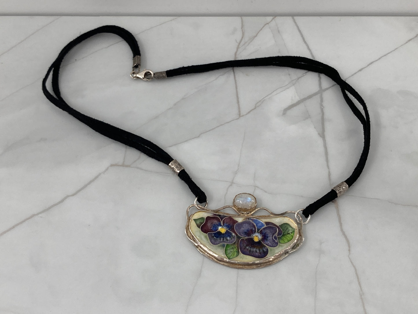 Purple Flower and Moonstone Leatherette Necklace