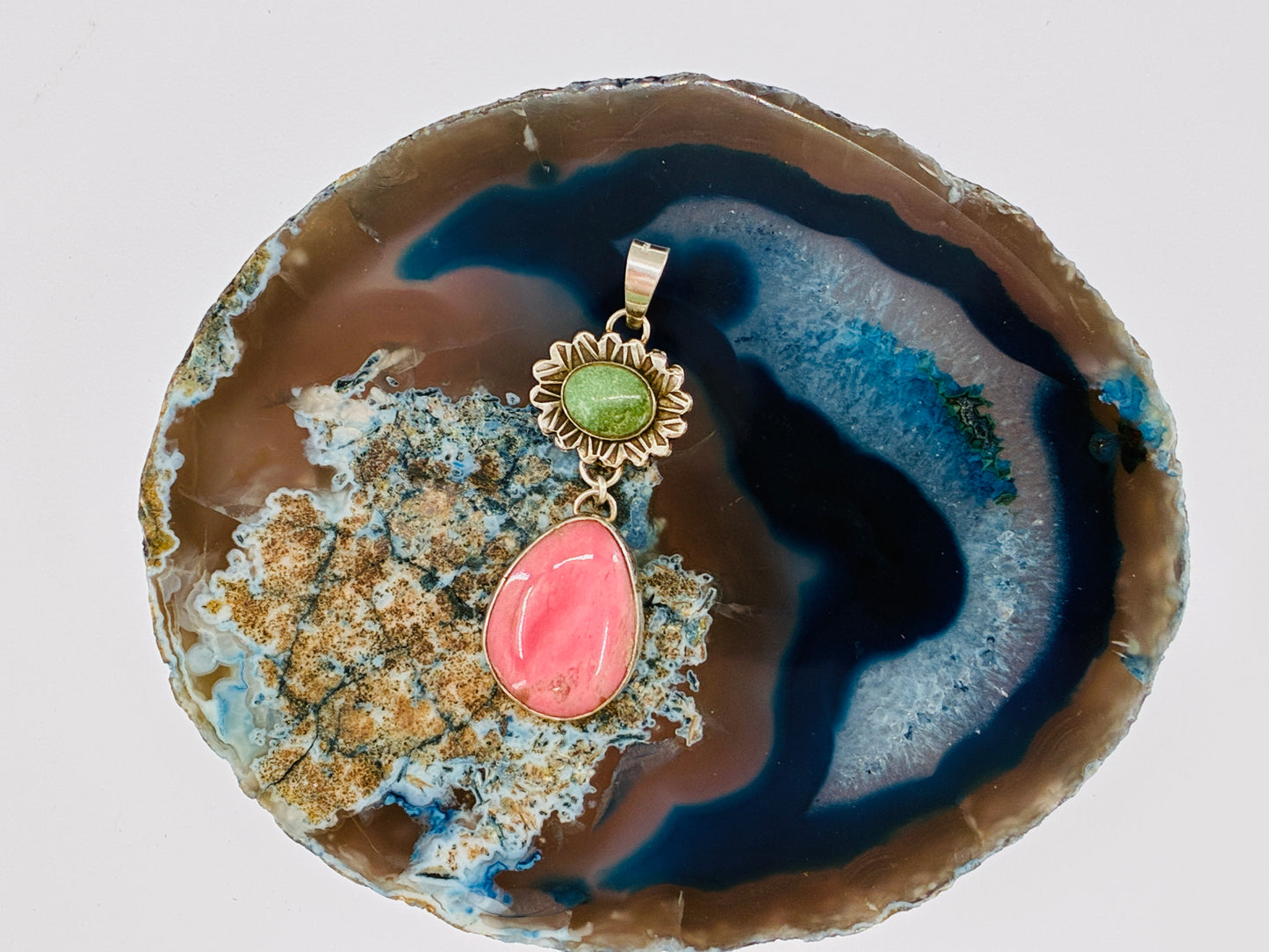 Green Turquoise and Pink Rhodolite Pendant