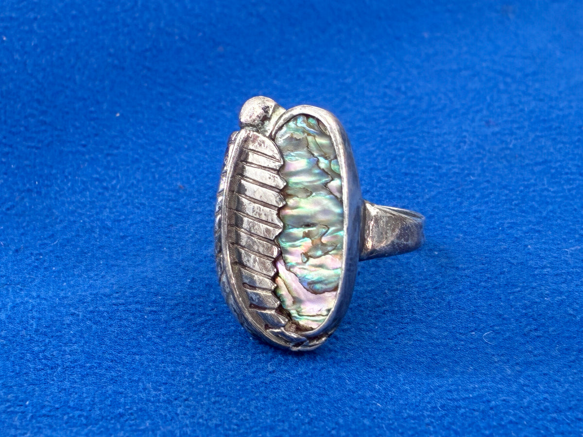 Rescued Abalone and Sterling Silver Leaf Ring - Size 6