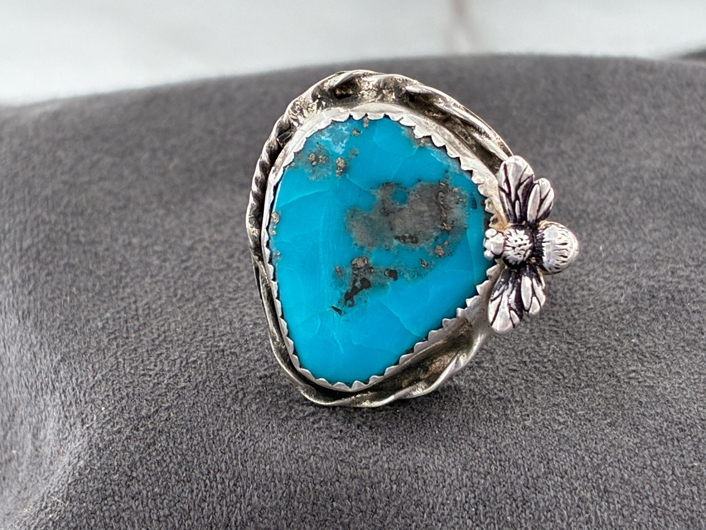 Bee and Turquoise Sterling Silver Ring - Size 7.75