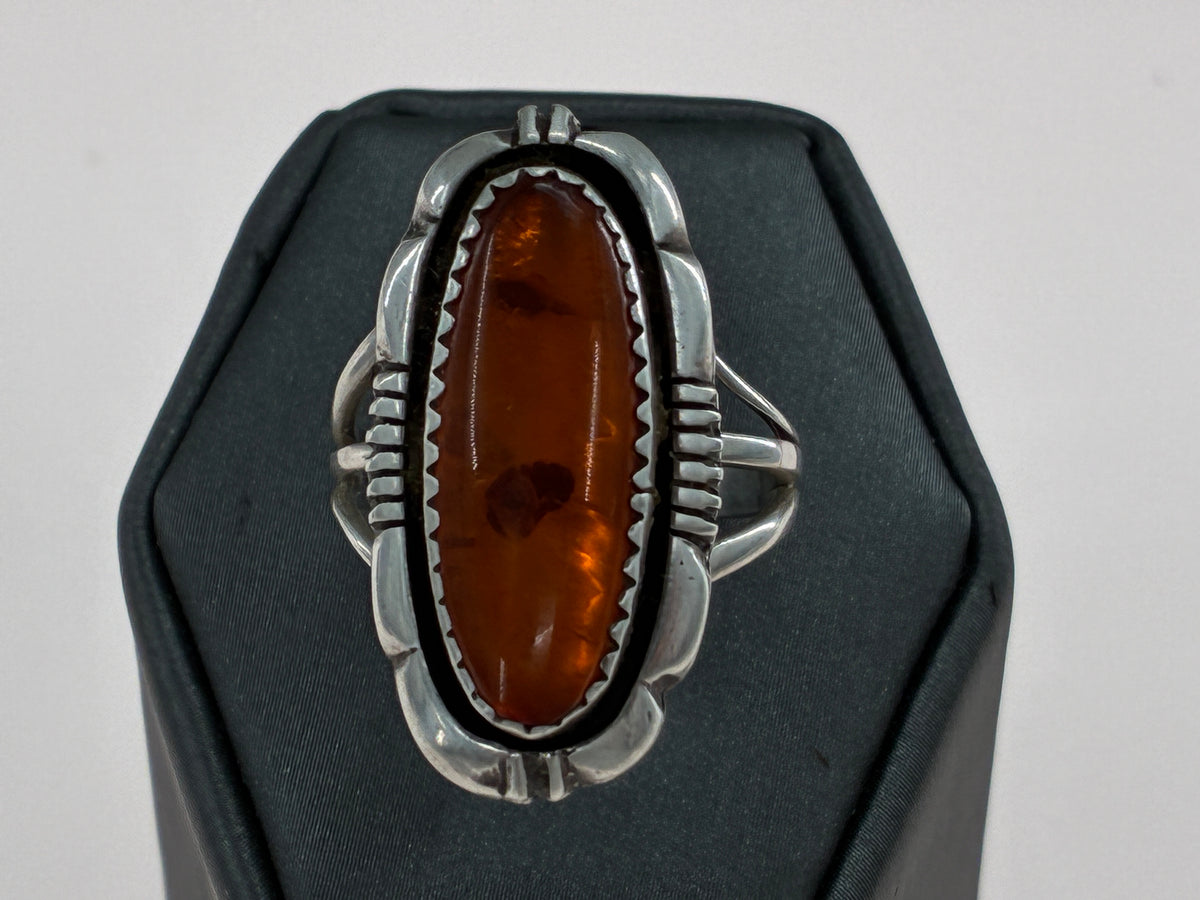 Rescued "L. Yazzie" Amber in Sterling Silver Ring - Size 7