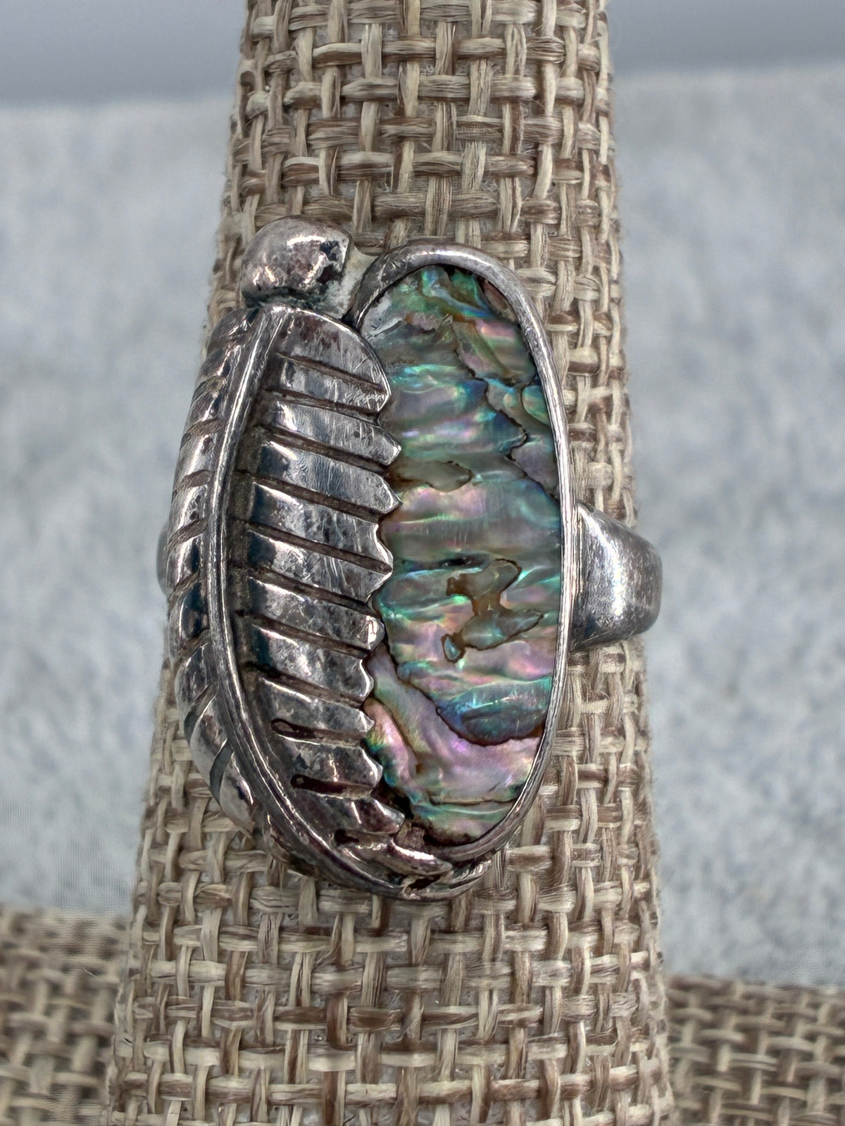 Rescued Abalone and Sterling Silver Leaf Ring - Size 6