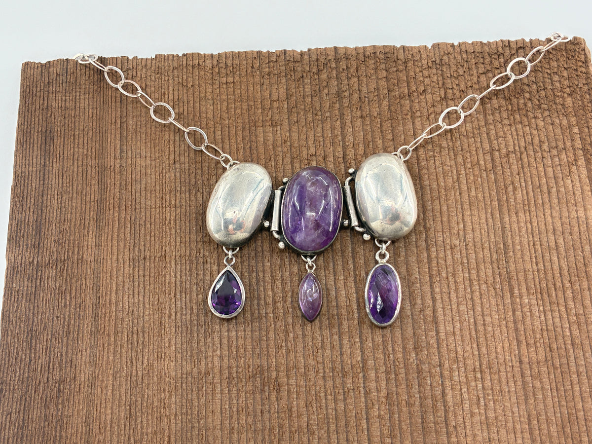 Amethyst Sterling Silver Statement Necklace - Fully Adjustable