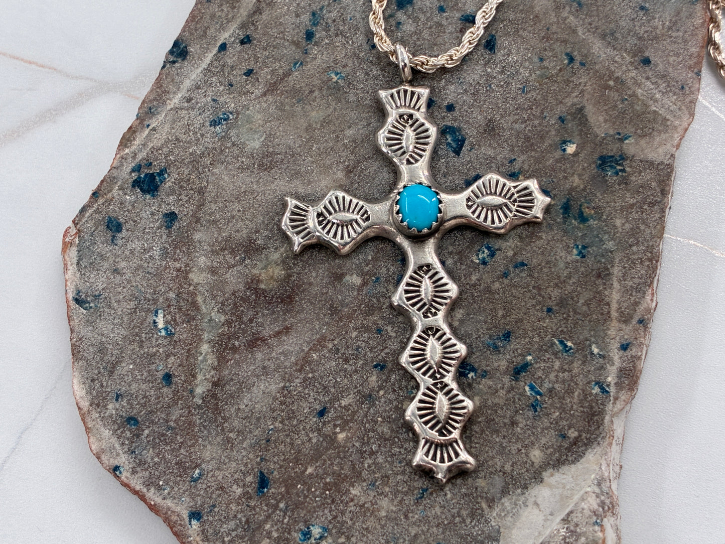 Rescued Hand Stamped Sterling Silver Cross with Sleeping Beauty Turquoise