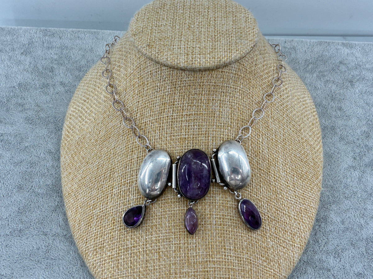 Amethyst Sterling Silver Statement Necklace - Fully Adjustable