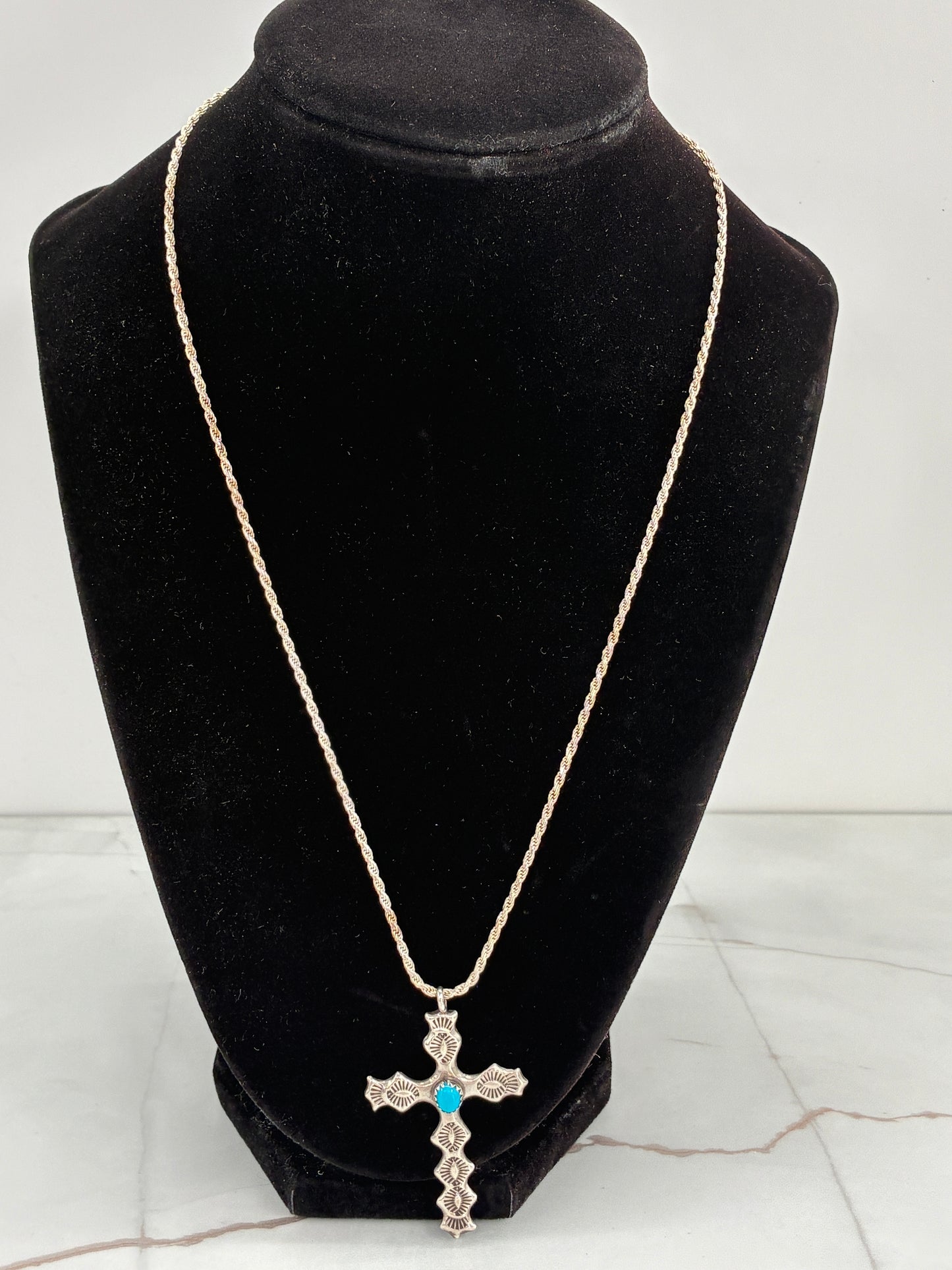 Rescued Hand Stamped Sterling Silver Cross with Sleeping Beauty Turquoise