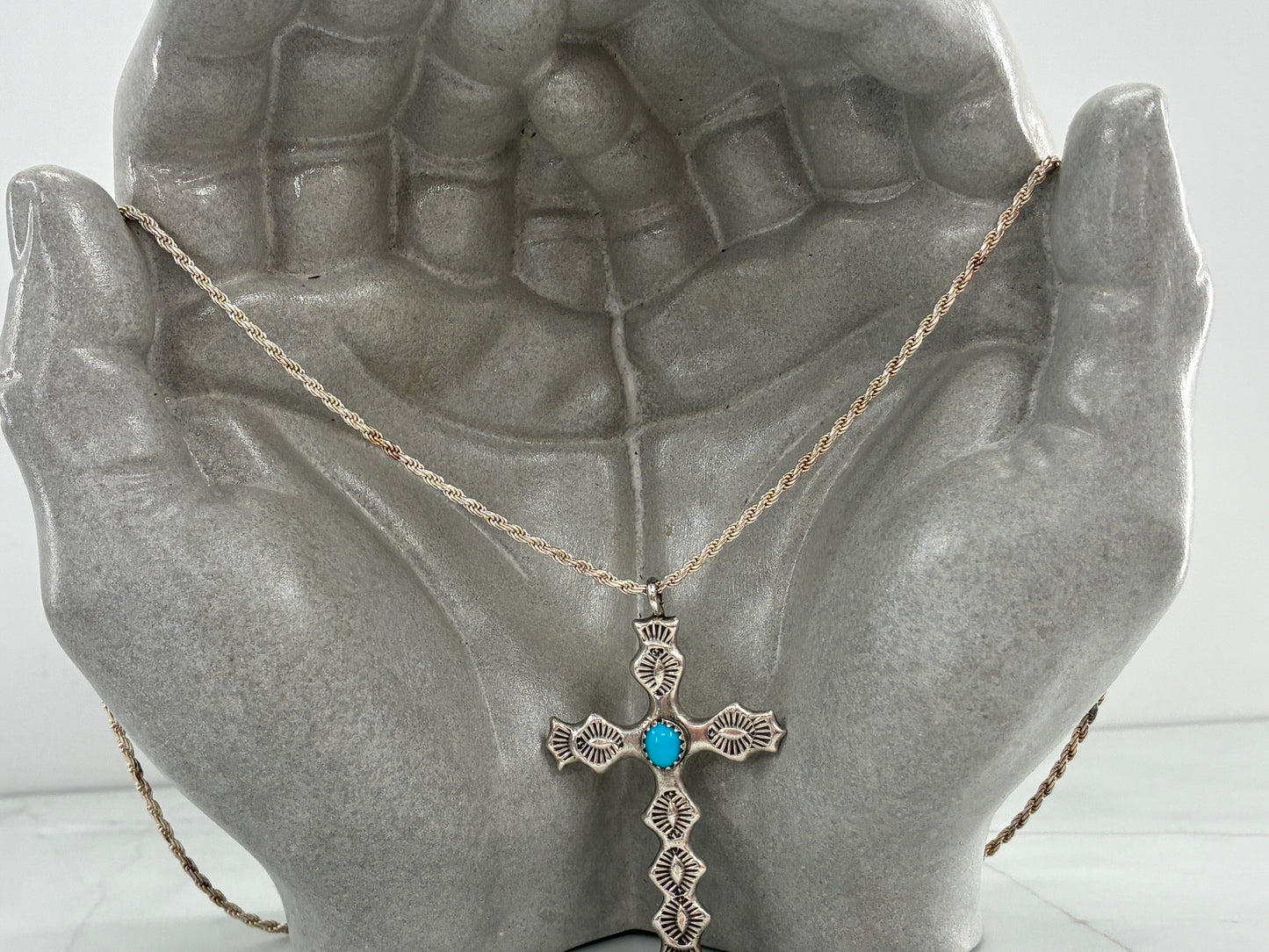 Rescued Hand Stamped Sterling Silver Cross with Sleeping Beauty Turquoise