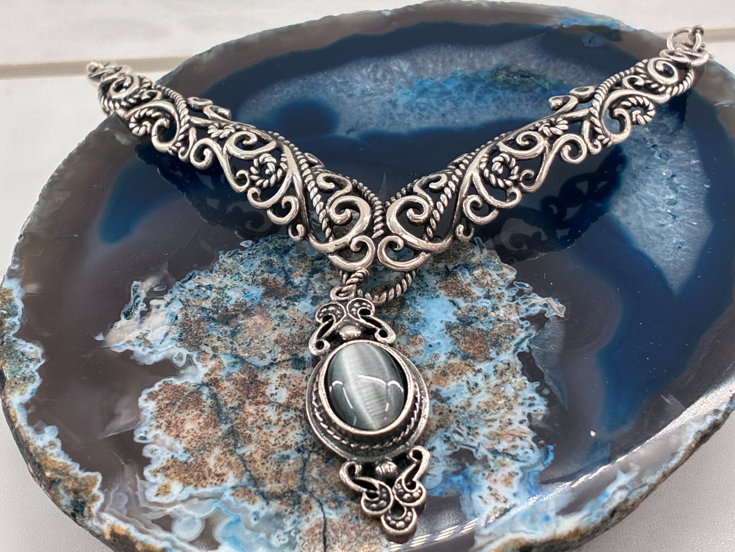 Reborn Vintage Gray Cat Eye Agate Adjustable Necklace
