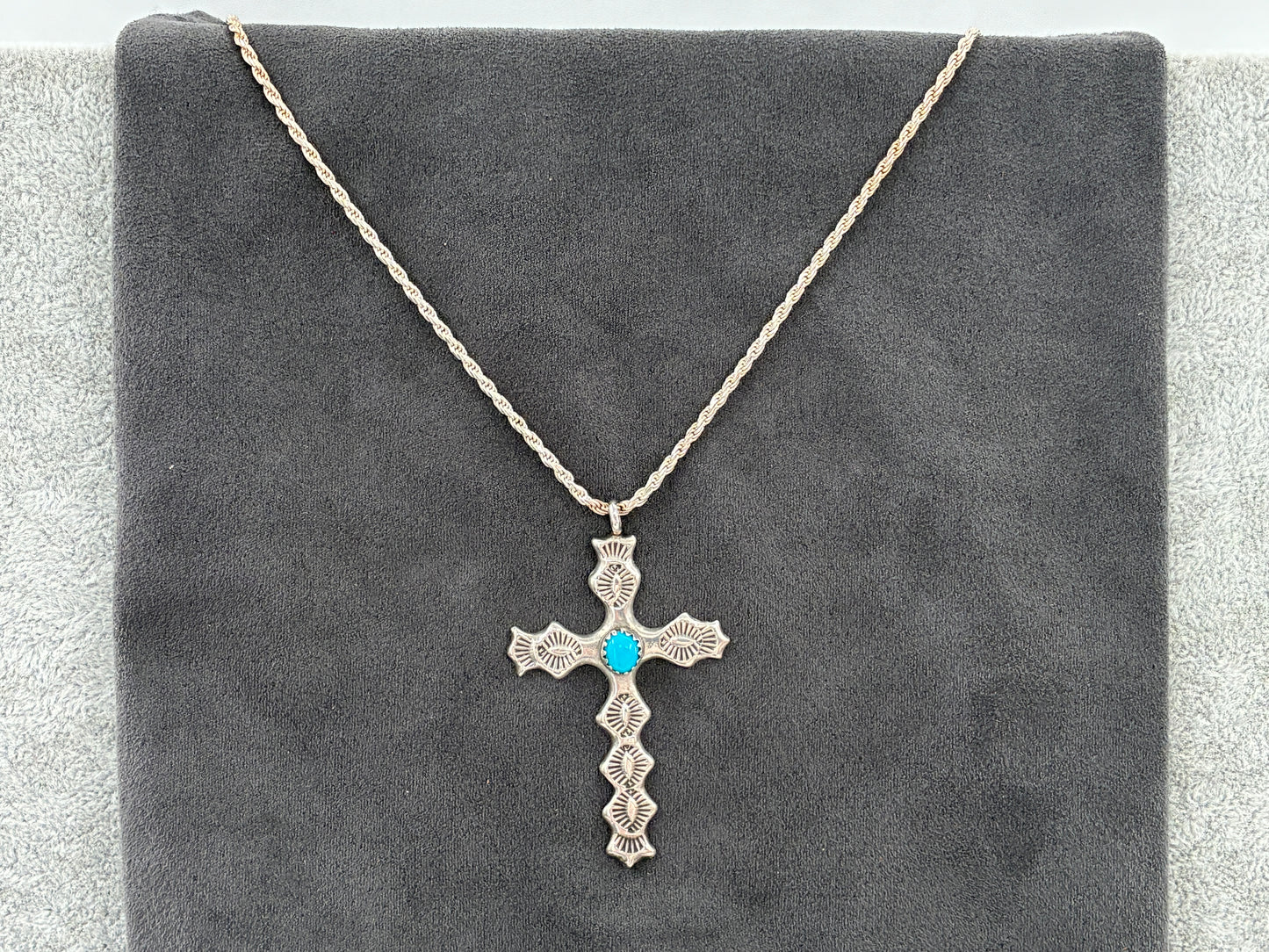 Rescued Hand Stamped Sterling Silver Cross with Sleeping Beauty Turquoise