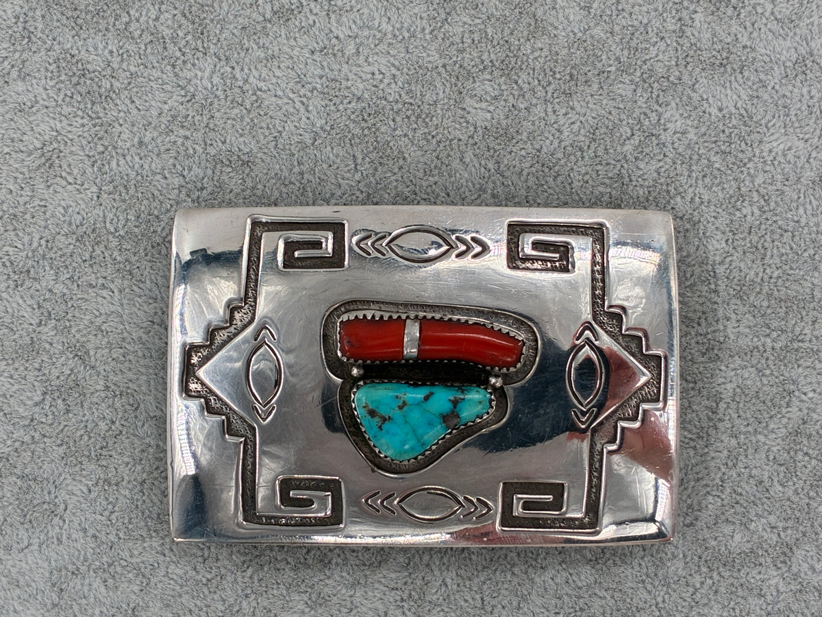 Reborn "C.M. Yazzie" Turquoise Coral Sterling Silver Belt Buckle