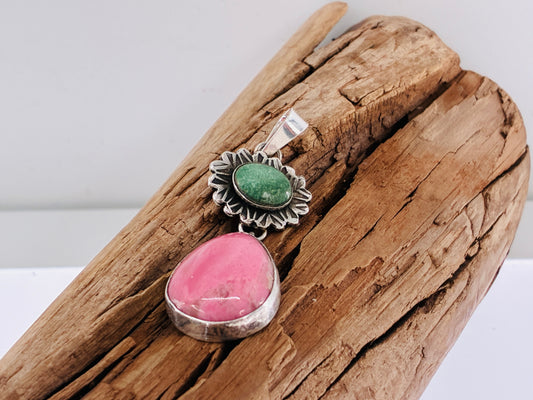 Green Turquoise and Pink Rhodolite Pendant