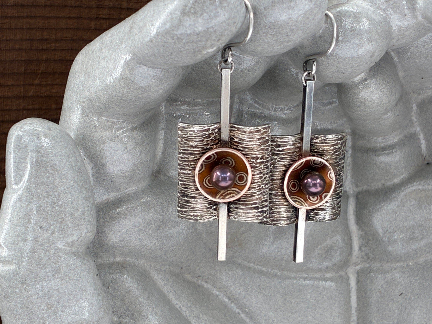 Pearl and Mixed Metal Damascus on Sterling Silver Earrings