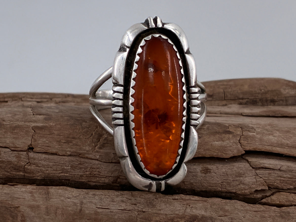Rescued "L. Yazzie" Amber in Sterling Silver Ring - Size 7