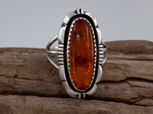 Rescued "L. Yazzie" Amber in Sterling Silver Ring - Size 7