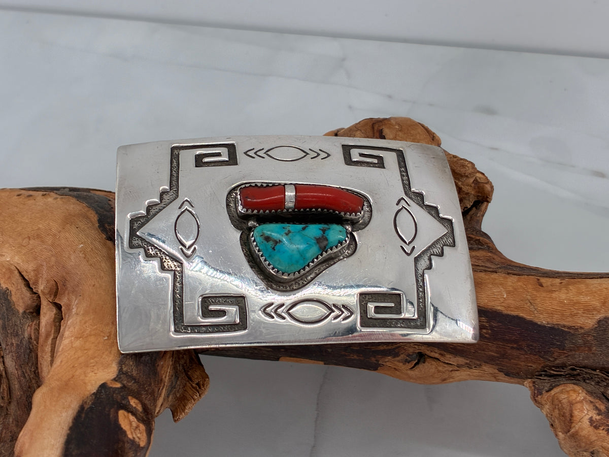 Reborn "C.M. Yazzie" Turquoise Coral Sterling Silver Belt Buckle