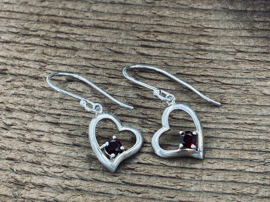 Garnet in Heart Dangle Earrings