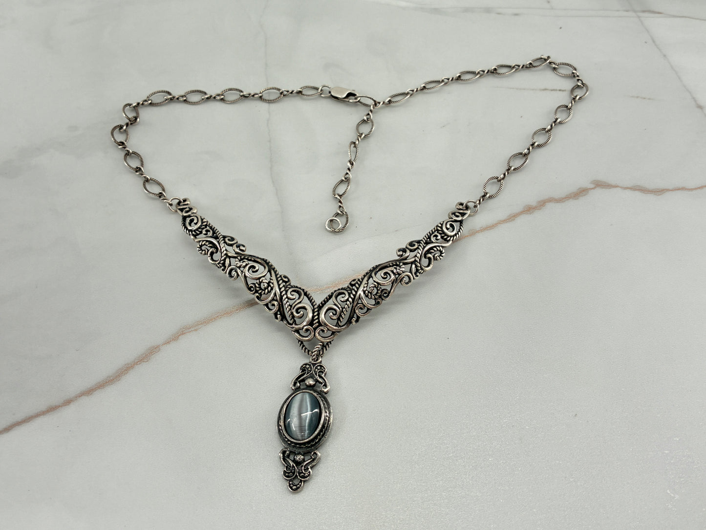Reborn Vintage Gray Cat Eye Agate Adjustable Necklace