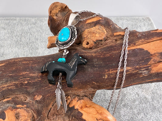 Turquoise and Black Jet Horse Necklace