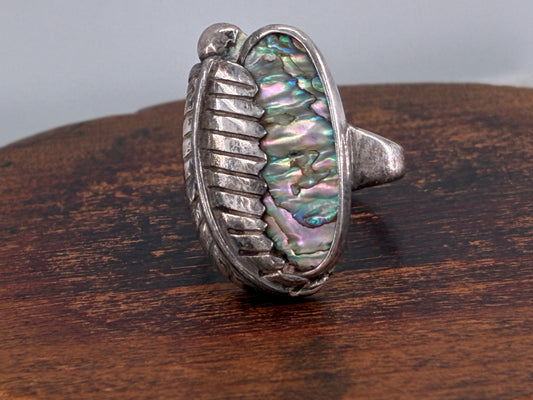 Rescued Abalone and Sterling Silver Leaf Ring - Size 6