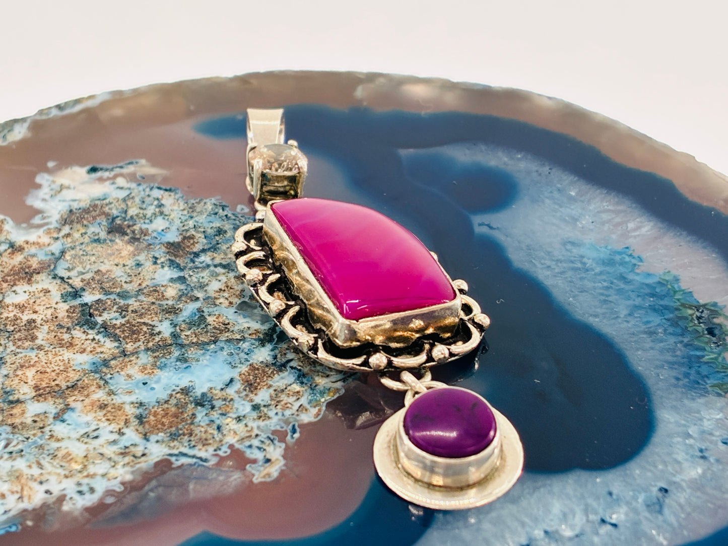Mystic Cubic Zirconia, Pink Agate, Sugilite Pendant