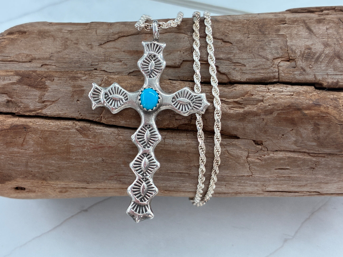 Rescued Hand Stamped Sterling Silver Cross with Sleeping Beauty Turquoise