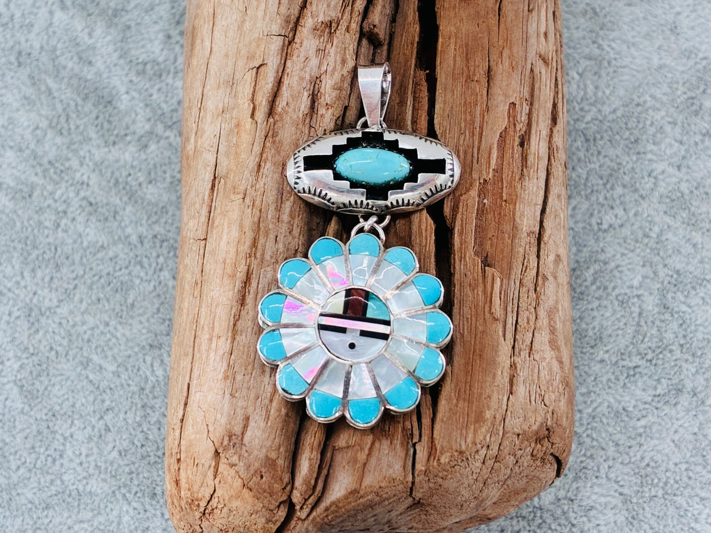 Southwestern Sterling Silver Pendant -Turquoise/Black Onyx/Mother of Pearl/Coral