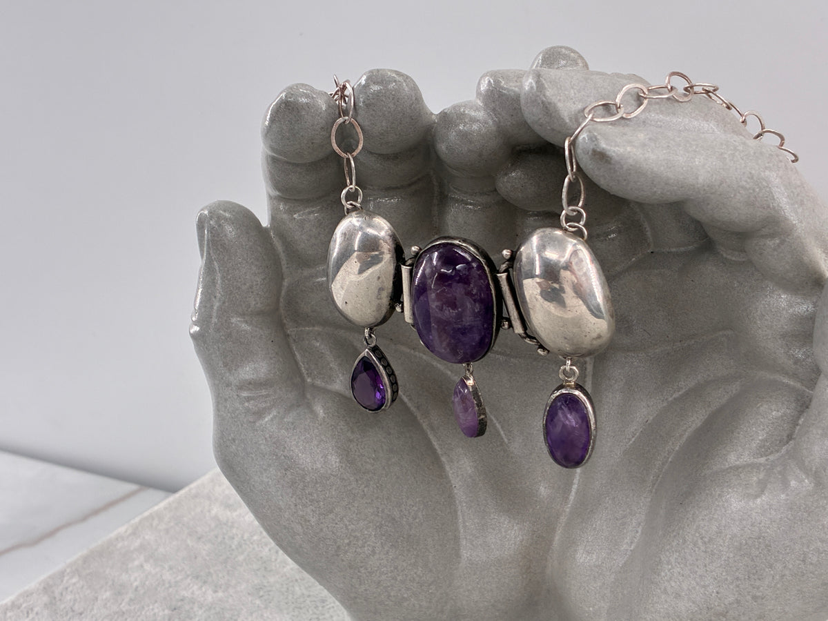 Amethyst Sterling Silver Statement Necklace - Fully Adjustable