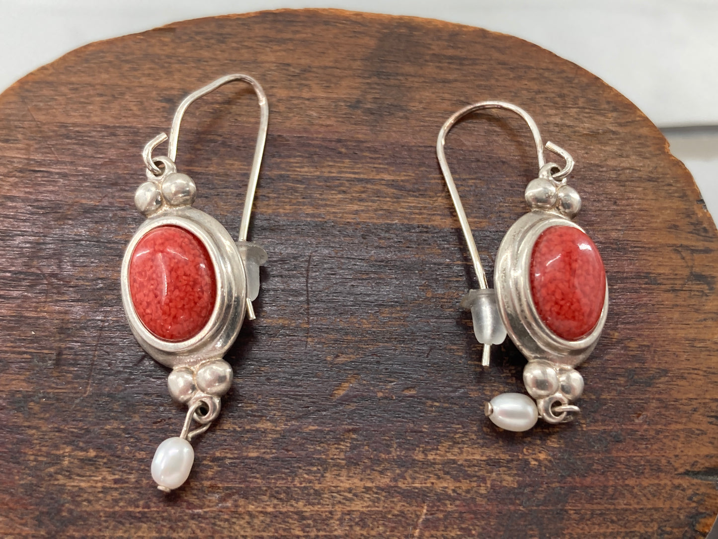 Red Coral and White Pearl Earrings