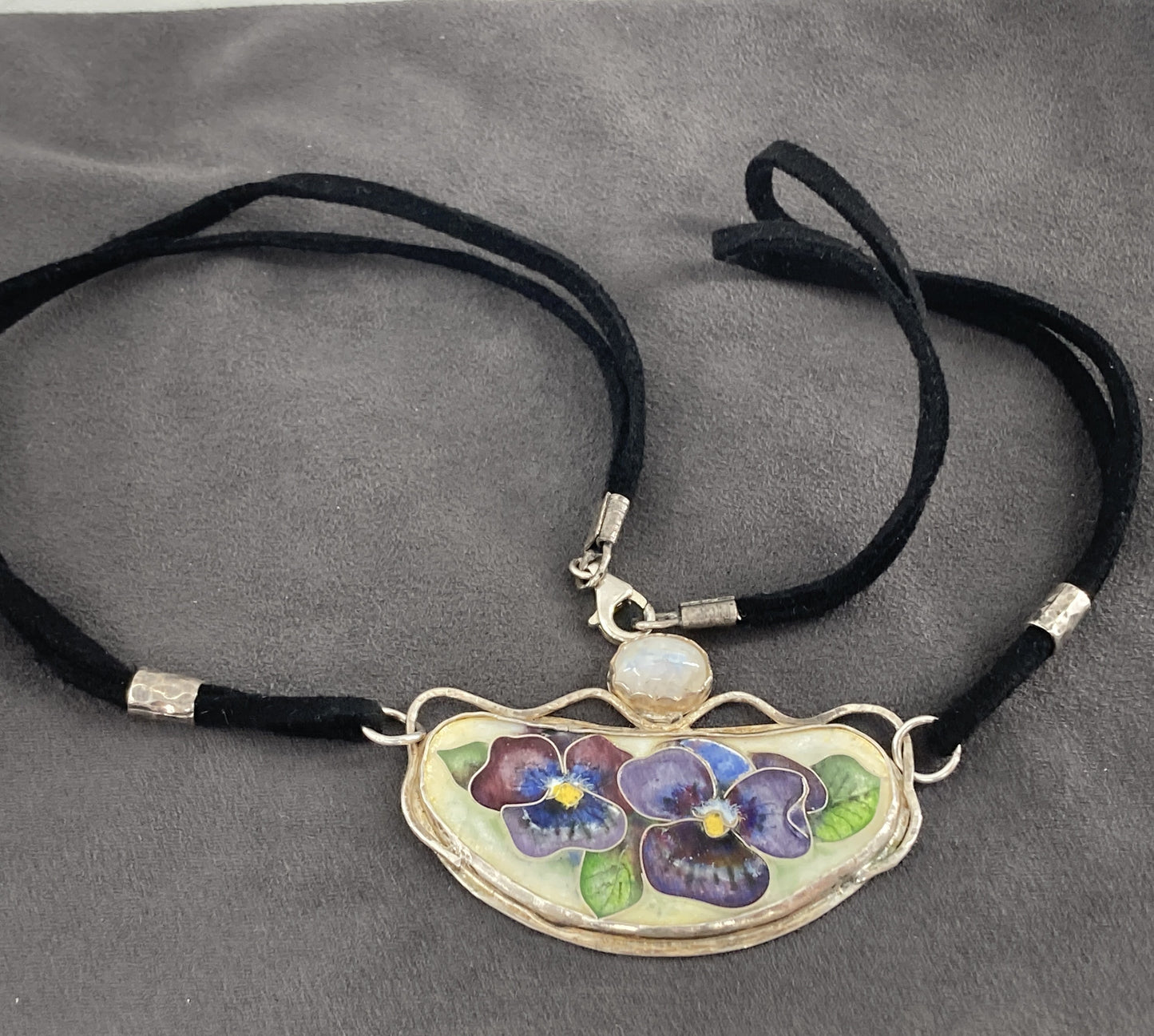 Purple Flower and Moonstone Leatherette Necklace