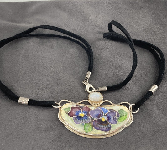 Purple Flower and Moonstone Leatherette Necklace