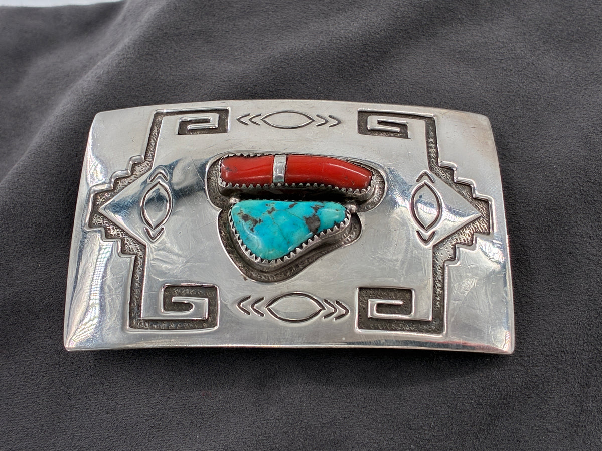 Reborn "C.M. Yazzie" Turquoise Coral Sterling Silver Belt Buckle