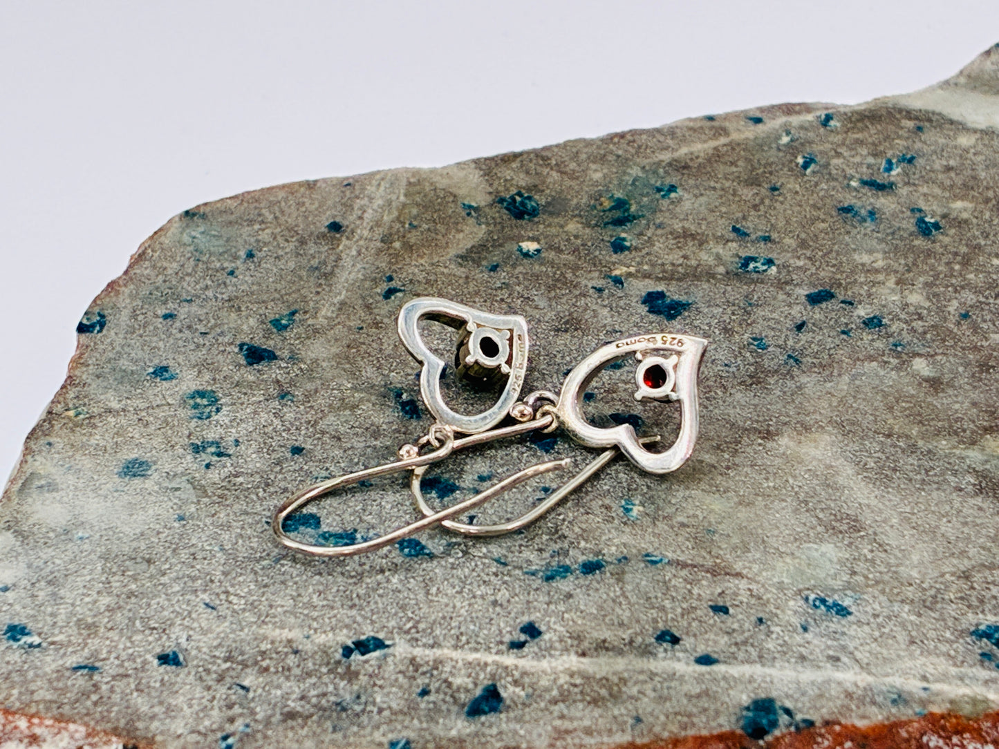 Garnet in Heart Dangle Earrings