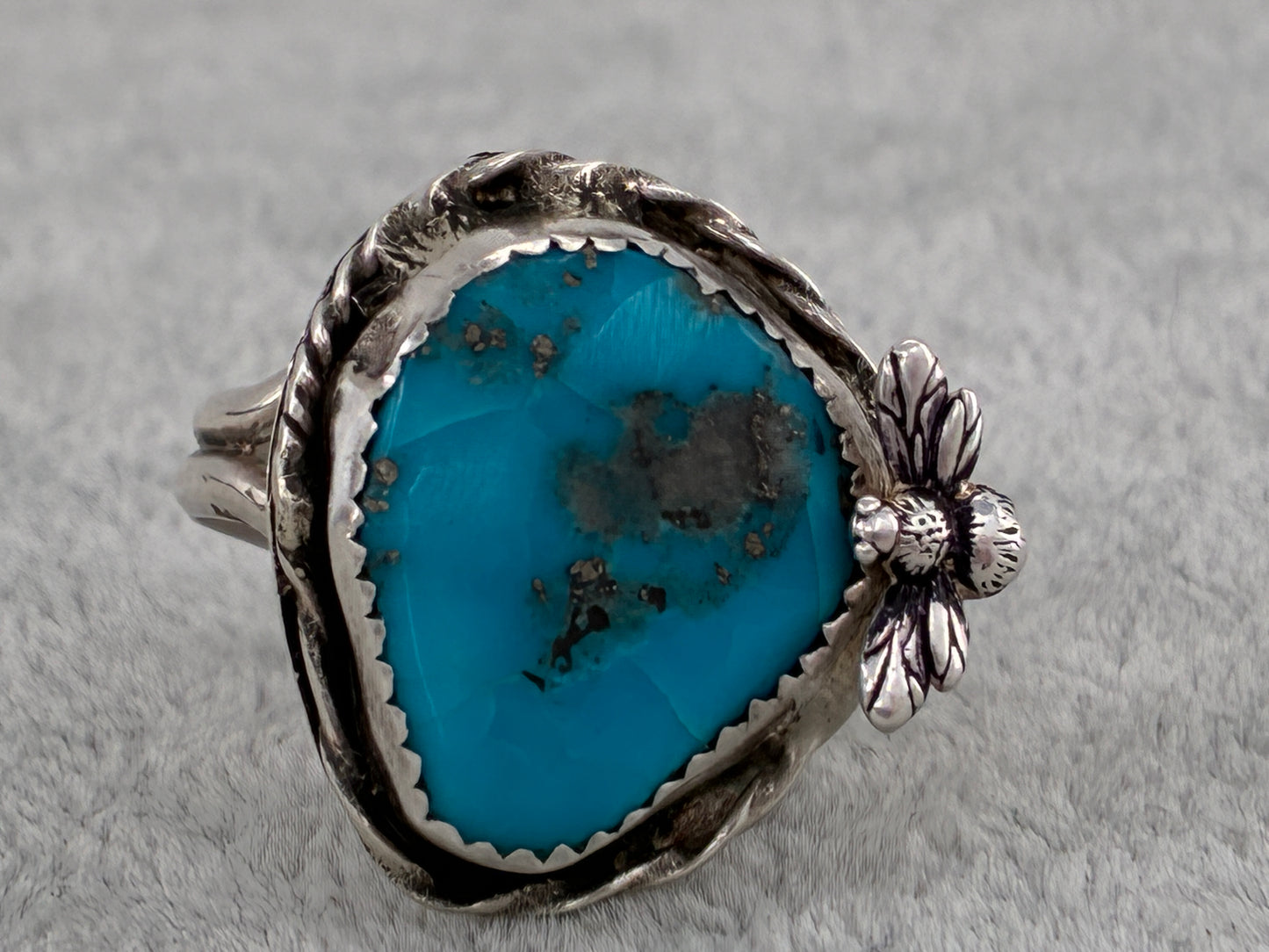 Bee and Turquoise Sterling Silver Ring - Size 7.75