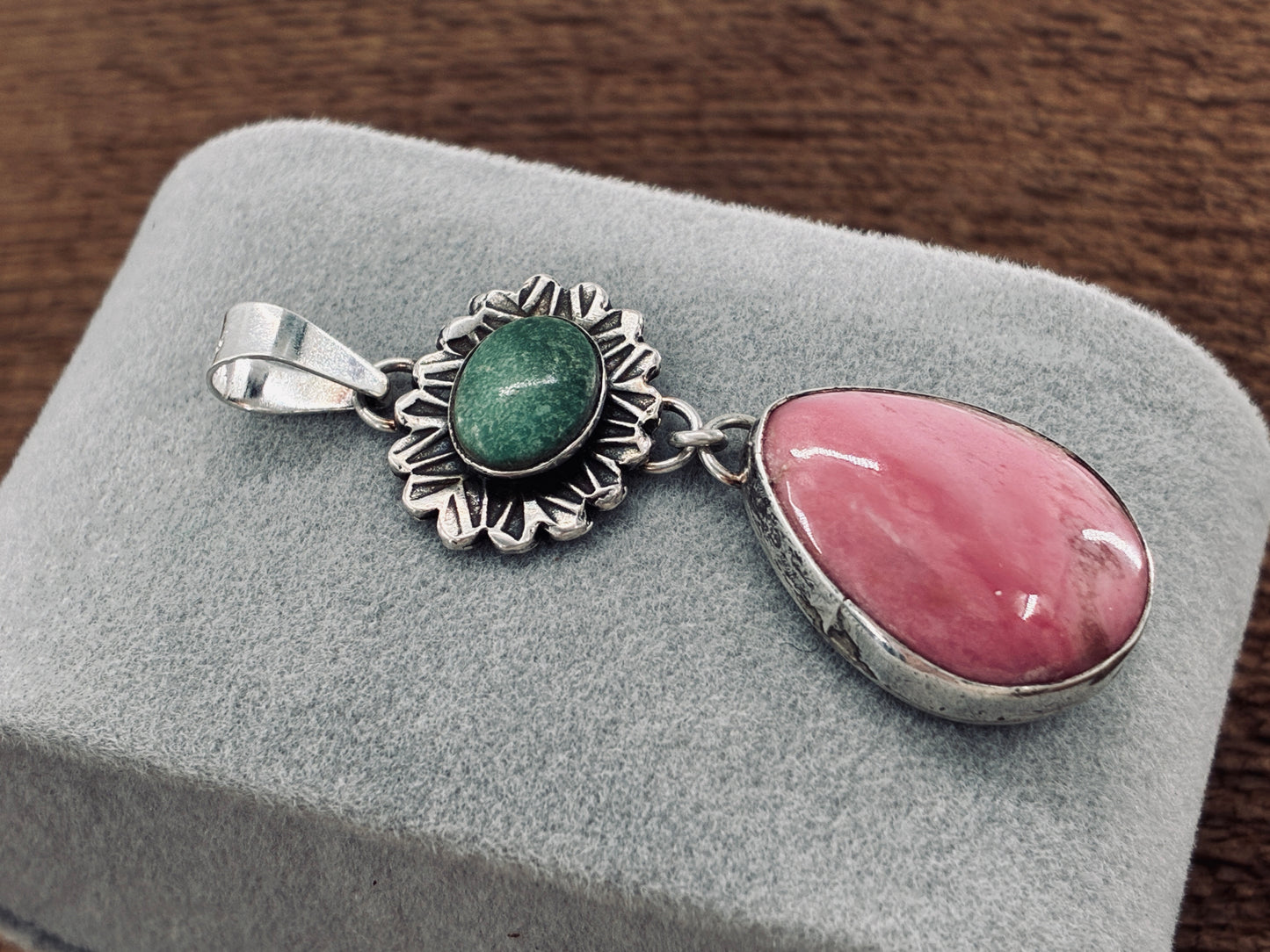 Green Turquoise and Pink Rhodolite Pendant