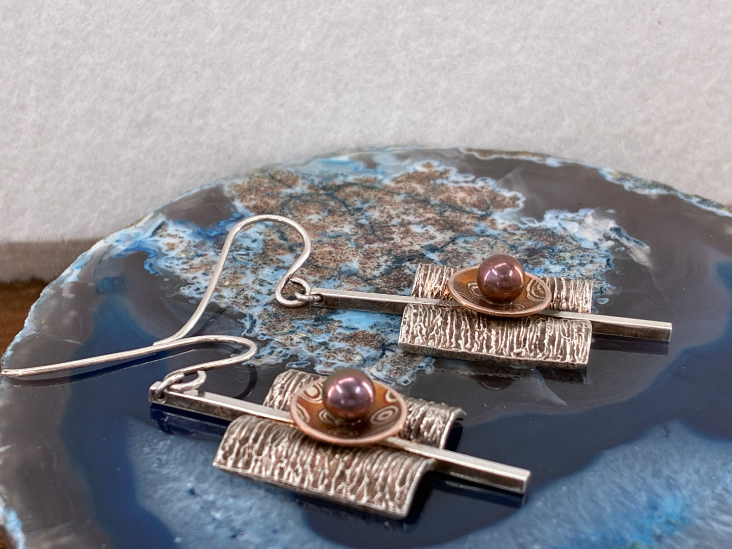 Pearl and Mixed Metal Damascus on Sterling Silver Earrings