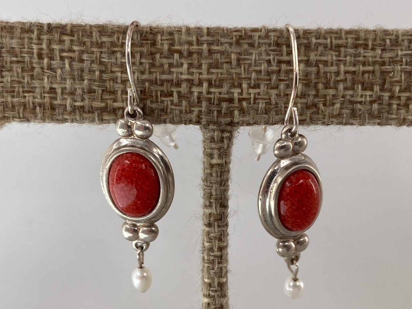 Red Coral and White Pearl Earrings