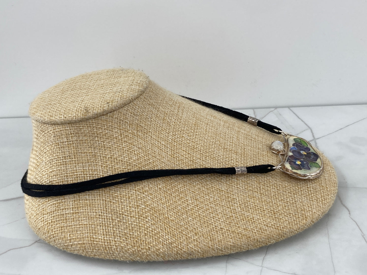 Purple Flower and Moonstone Leatherette Necklace