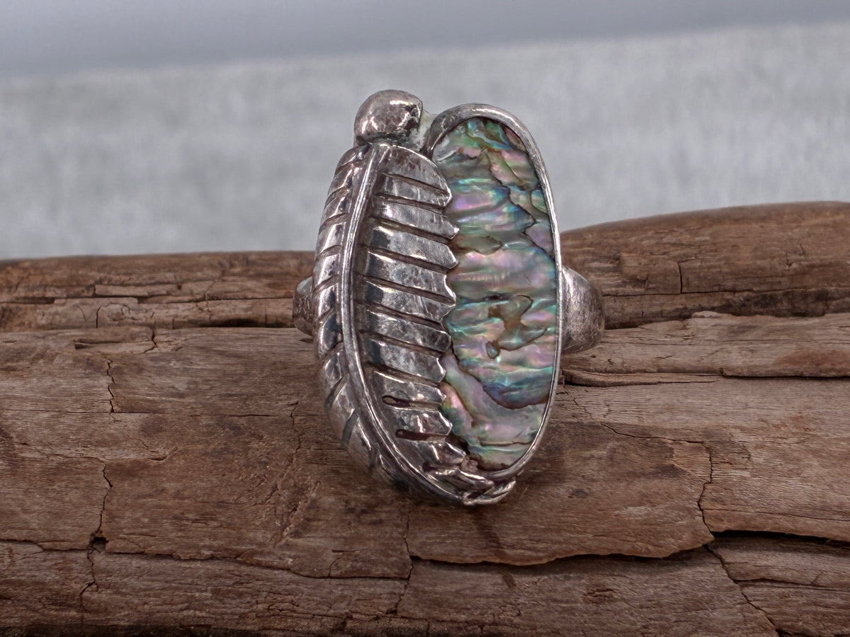 Rescued Abalone and Sterling Silver Leaf Ring - Size 6