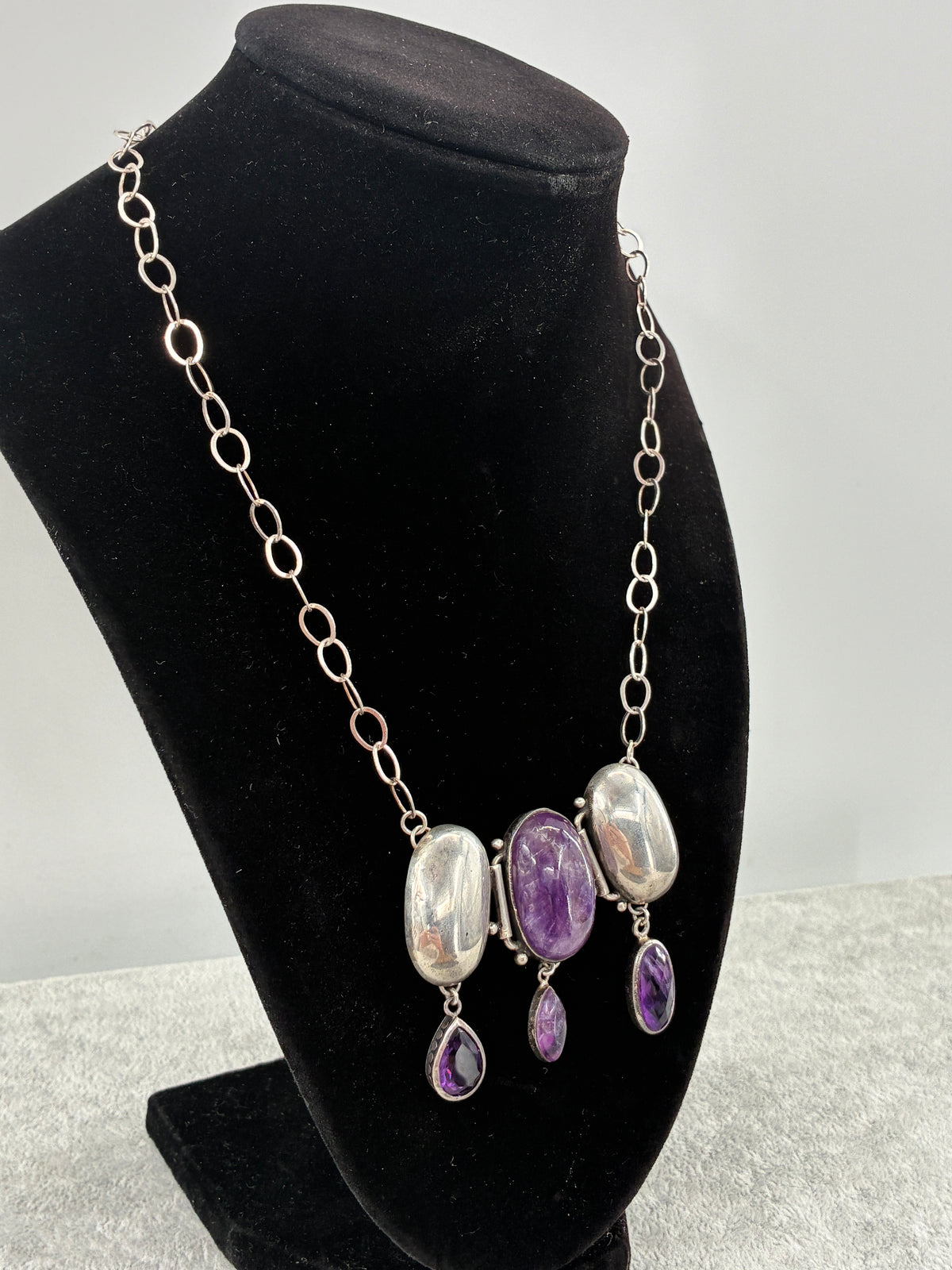 Amethyst Sterling Silver Statement Necklace - Fully Adjustable