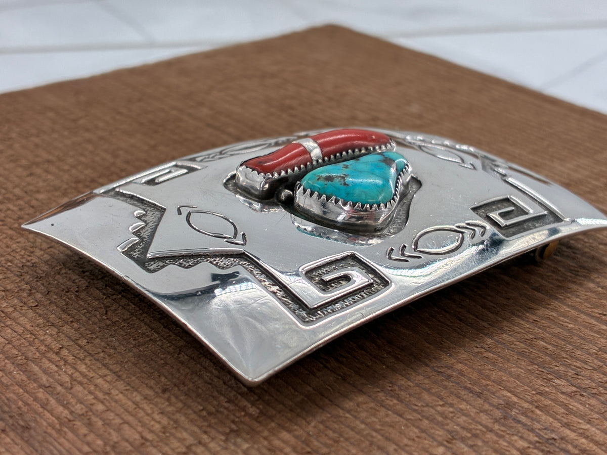 Reborn "C.M. Yazzie" Turquoise Coral Sterling Silver Belt Buckle