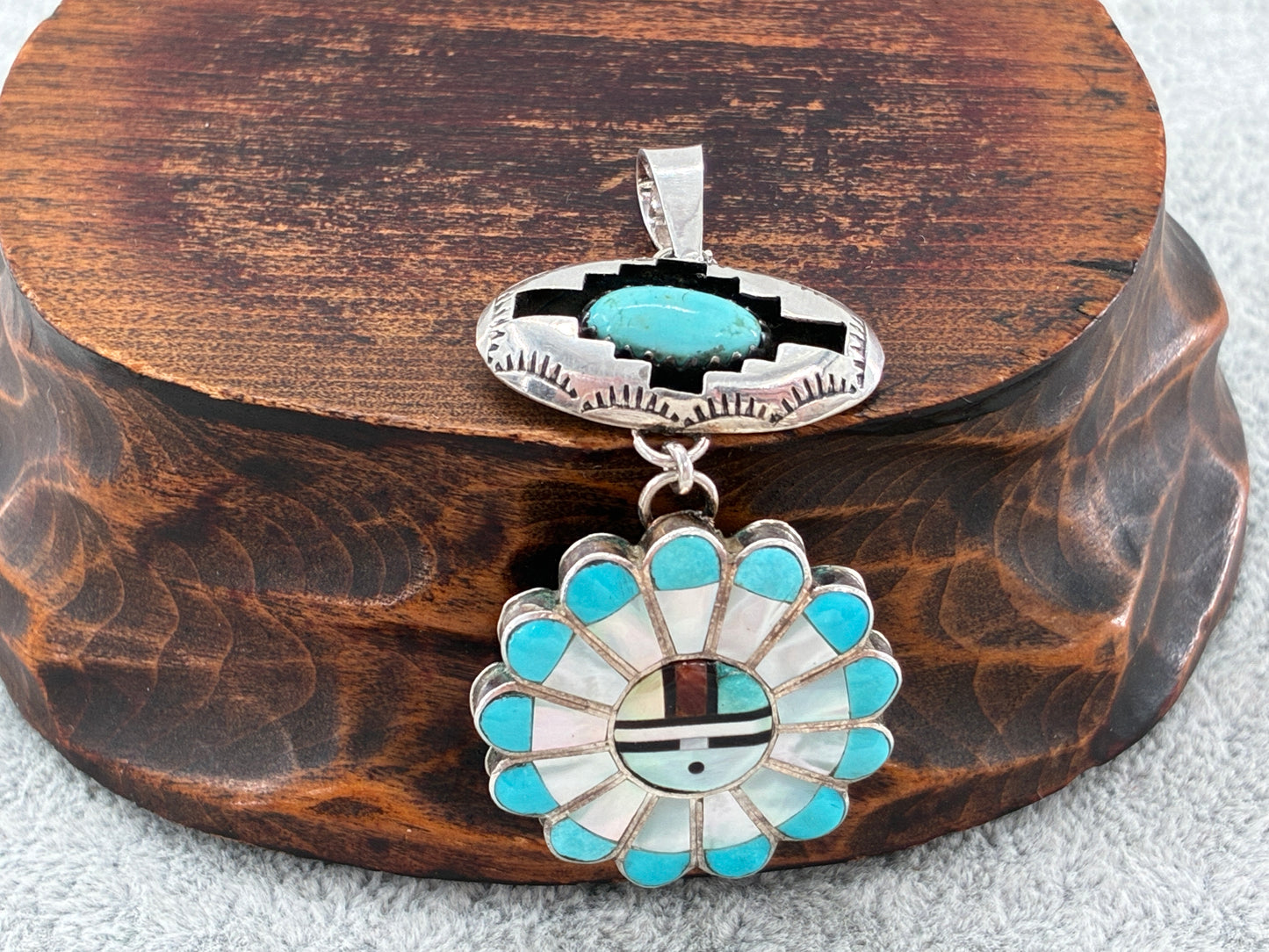 Southwestern Sterling Silver Pendant -Turquoise/Black Onyx/Mother of Pearl/Coral