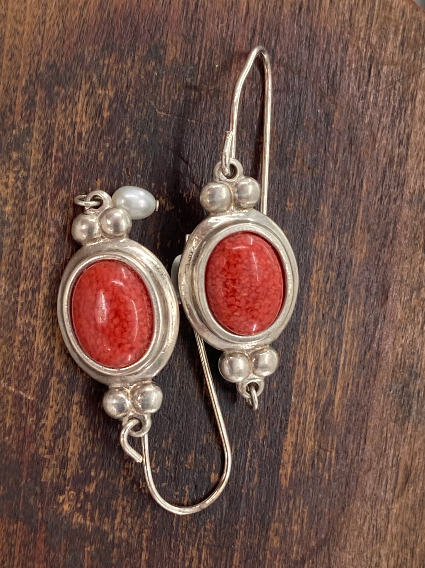 Red Coral and White Pearl Earrings