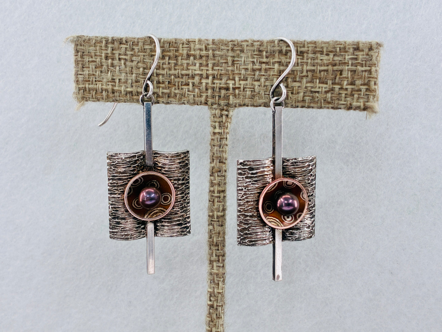 Pearl and Mixed Metal Damascus on Sterling Silver Earrings