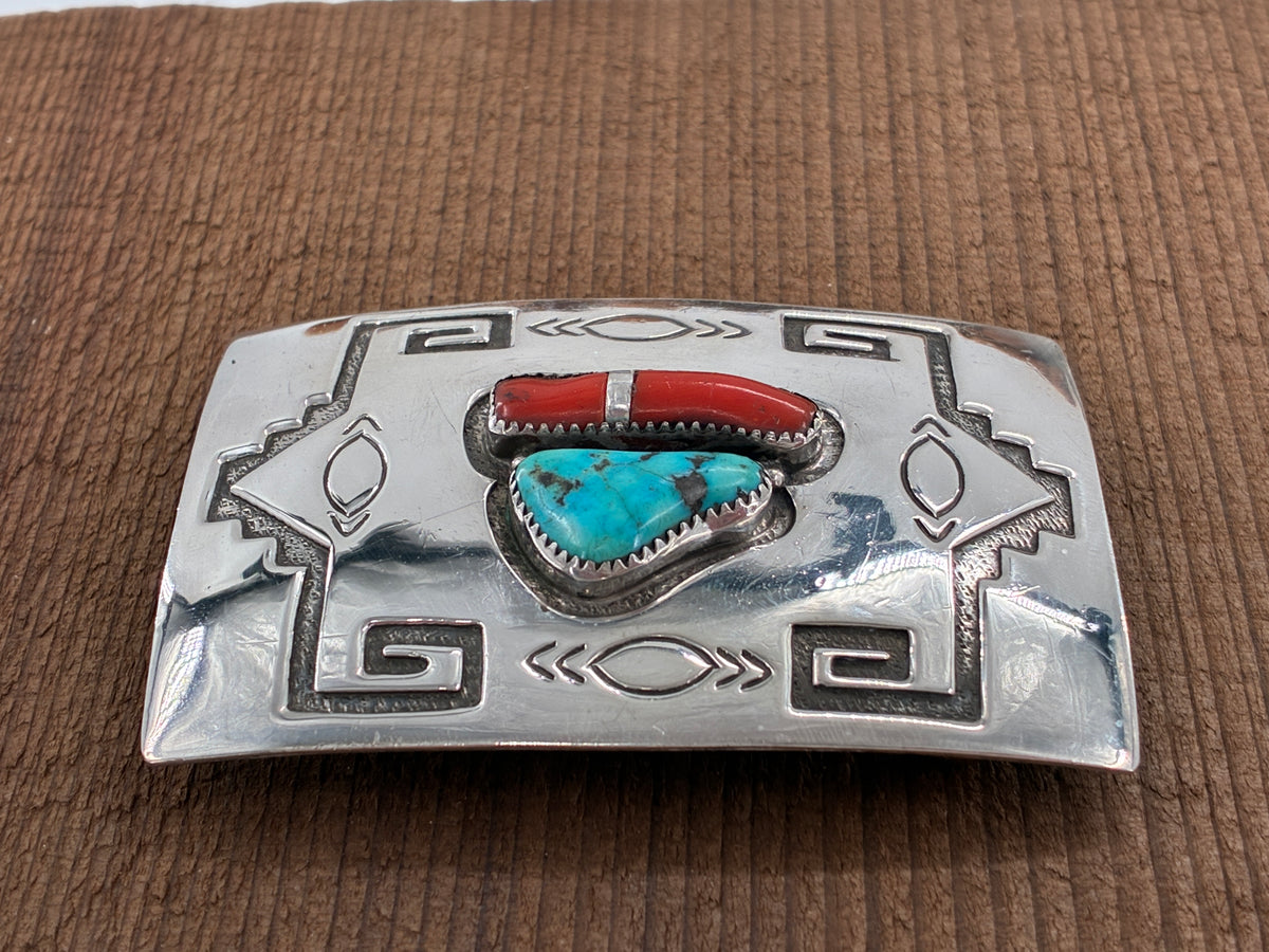 Reborn "C.M. Yazzie" Turquoise Coral Sterling Silver Belt Buckle