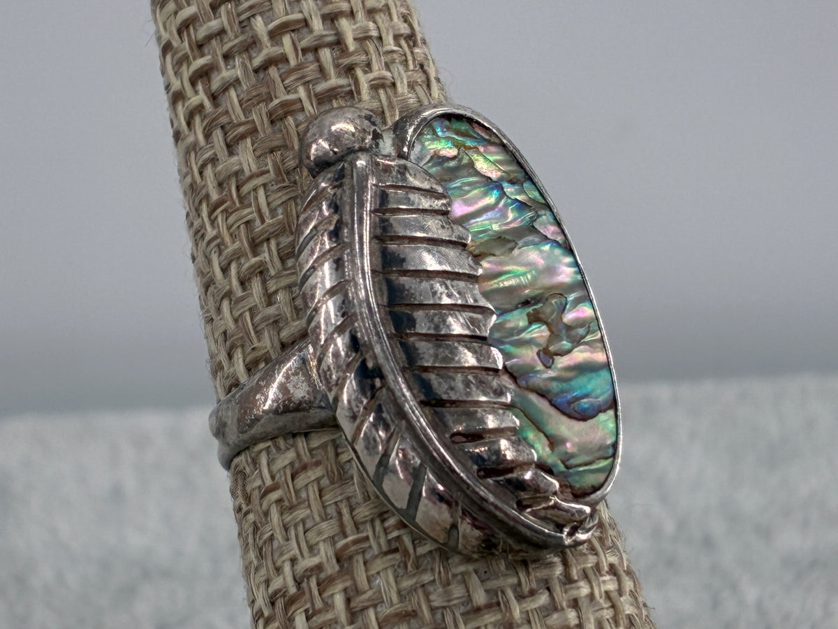 Rescued Abalone and Sterling Silver Leaf Ring - Size 6