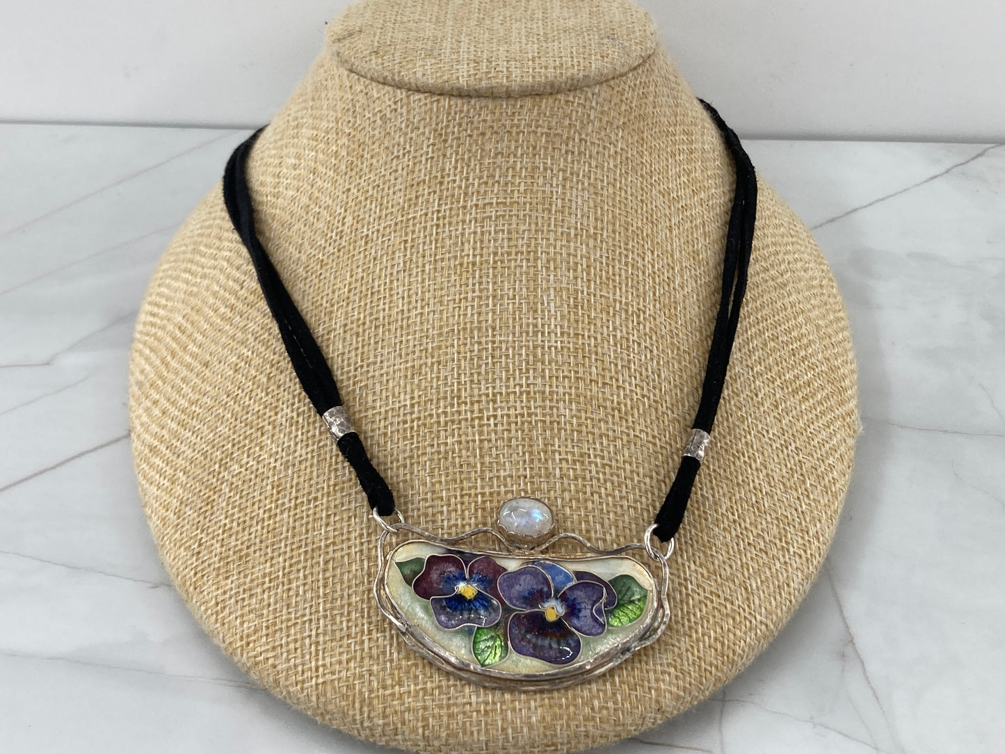 Purple Flower and Moonstone Leatherette Necklace