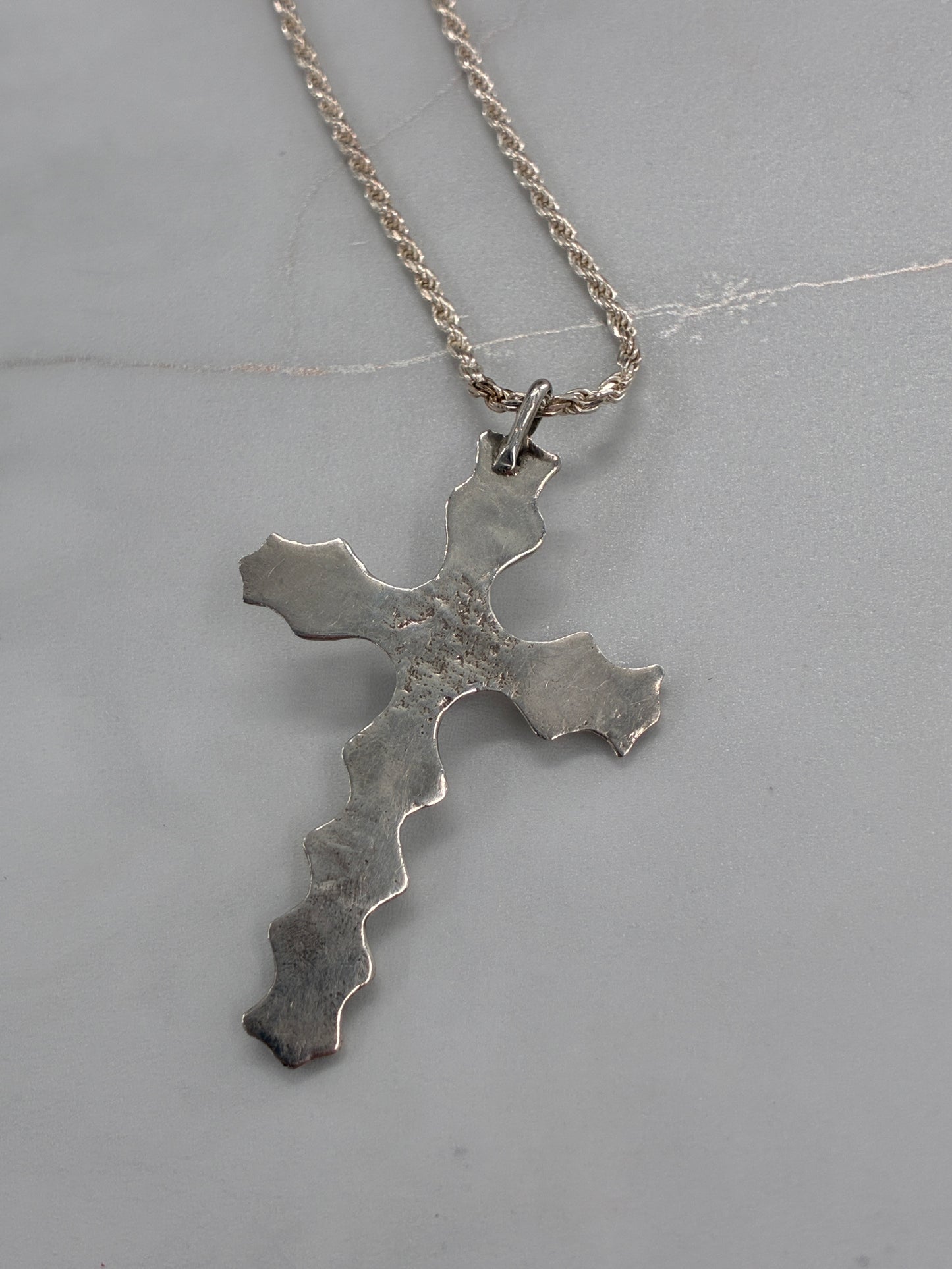 Rescued Hand Stamped Sterling Silver Cross with Sleeping Beauty Turquoise
