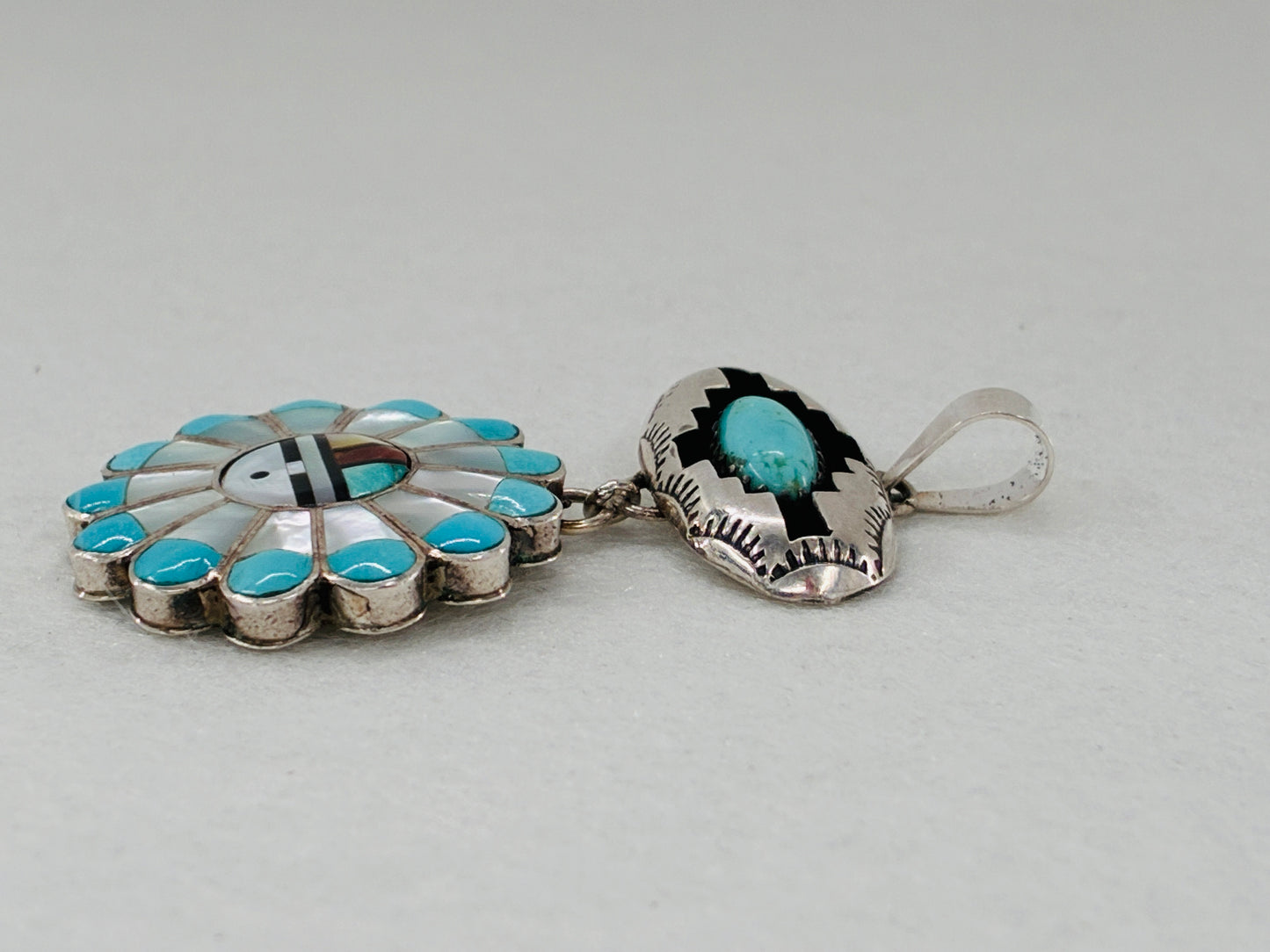 Southwestern Sterling Silver Pendant -Turquoise/Black Onyx/Mother of Pearl/Coral