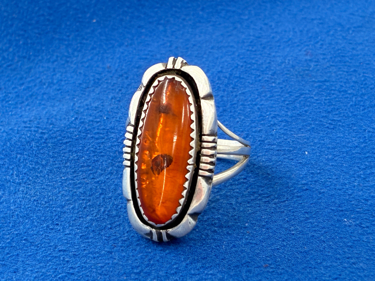 Rescued "L. Yazzie" Amber in Sterling Silver Ring - Size 7